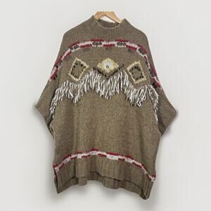 Free People Poncho Sweater Womens S Brown Oversized Alpaca Fringe Southwestern